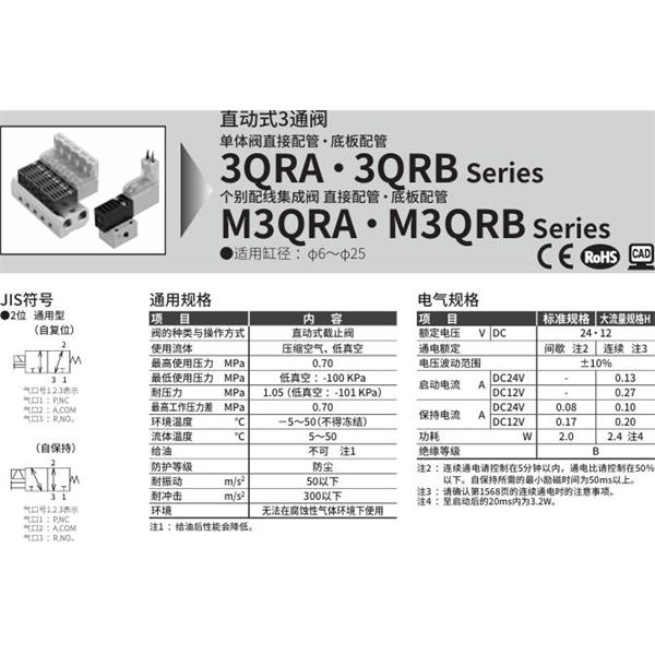 CKD喜開理直動式3通電磁閥M3QRA130-M5-C20-9-4