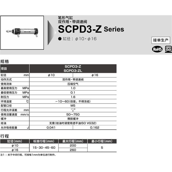 CKD喜開理筆形氣缸SCPD3-ZL-FA-16-250-T5H-T-Y