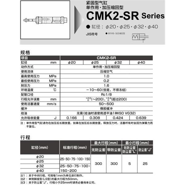 CKD喜開理緊固型氣缸CMK2-SR-LS-25-100-I